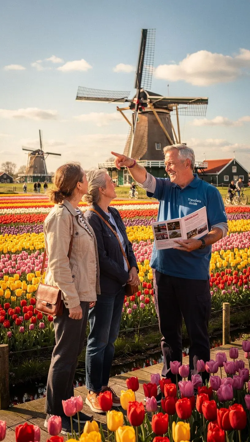 Een gezin dat geniet van een picknick in een typisch Nederlands landschap met molens.